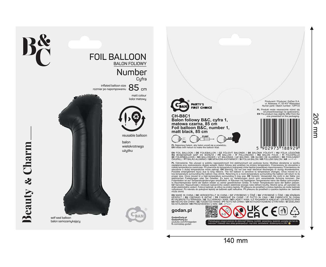 Foil balloon B&C, number 1, matt black, 85 cm